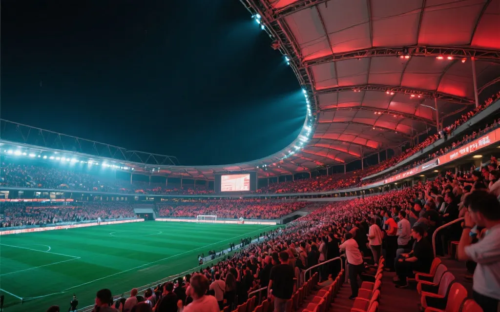 现代化球场看台与可开合顶棚的观赛氛围，灯光与人群形成强烈沉浸感
