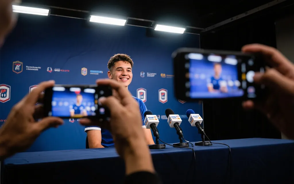 年轻球员在发布会与社交媒体镜头前塑造个人品牌的视觉场景